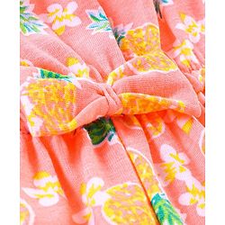 Babyhug 100% Cotton Knitted Sleeveless Jumpsuit with Bow Applique and Pineapple Print - Neon Orange