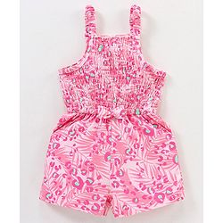 Babyhug 100% Cotton Knitted Sleeveless Jumpsuit With Attched Bow  Leaf Print - Pink