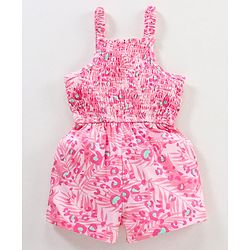 Babyhug 100% Cotton Knitted Sleeveless Jumpsuit With Attched Bow  Leaf Print - Pink