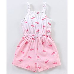 Babyhug 100% Cotton Knitted Sleeveless Jumpsuit With Attched Bow Palm Tree Print - White