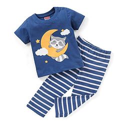 Babyhug Cotton Knit Half Sleeves Night Suit Fox Print - Navy Blue