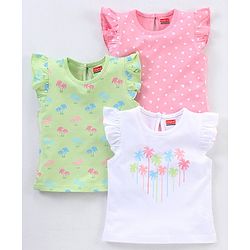 Babyhug Cotton Half Sleeves T-Shirt Tropical Graphic Print & Frill Detailing Pack of 3 - Green White & Pink