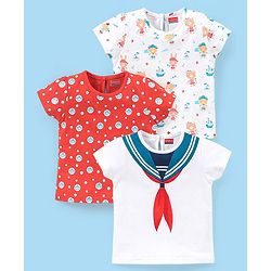 Babyhug 100% Cotton Half Sleeves  Pirate Themed Tee Pack of 3 - Red & White