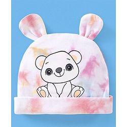 Babyhug 100% Cotton Cap With Ear Applique Teddy Print Multicolour - Diameter 10 cm