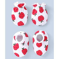Babyhug 100% Cotton Mittens & Booties Set Apple Print - White & Red