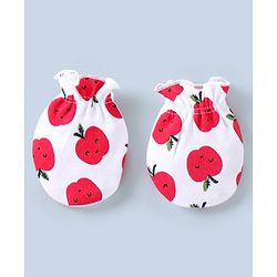 Babyhug 100% Cotton Mittens & Booties Set Apple Print - White & Red