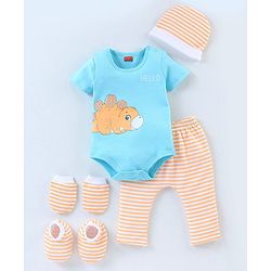 Babyhug 100% Cotton Half Sleeves Onesies with Leggings and Cap Mittens Booties Dino & Striped Print - Multicolour