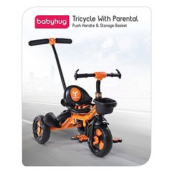 Babyhug Plug & Play Black Hawk Tricycle With Parental Push Handle & Storage Basket - Tiger Orange