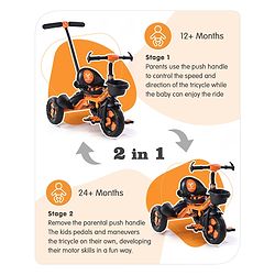 Babyhug Plug & Play Black Hawk Tricycle With Parental Push Handle & Storage Basket - Tiger Orange