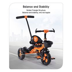 Babyhug Plug & Play Black Hawk Tricycle With Parental Push Handle & Storage Basket - Tiger Orange