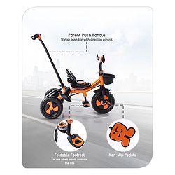 Babyhug Plug & Play Black Hawk Tricycle With Parental Push Handle & Storage Basket - Tiger Orange