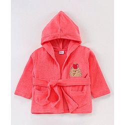 Babyhug Knit Terry Full Sleeves Hooded  Bath Robe with  Bear Patch - Red