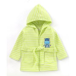 Babyhug Knit Terry Full Sleeves Striped Hooded  Bath Robe with  Diano Patch - Green