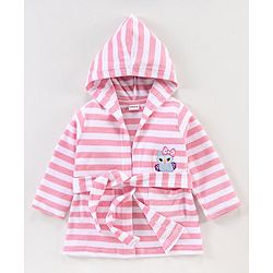 Babyhug Knit Terry Full Sleeves Striped Hooded  Bath Robe with  Owl Patch - Pink