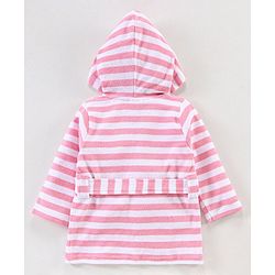 Babyhug Knit Terry Full Sleeves Striped Hooded  Bath Robe with  Owl Patch - Pink