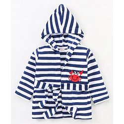Babyhug Knit Terry Full Sleeves Striped Hooded  Bath Robe with  Crab Patch - Navy Blue