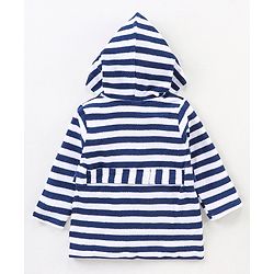 Babyhug Knit Terry Full Sleeves Striped Hooded  Bath Robe with  Crab Patch - Navy Blue