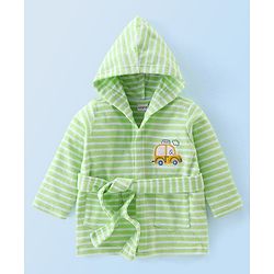 Babyhug Knit Terry Full Sleeves Hooded Bath Robe with Car Patch - Green