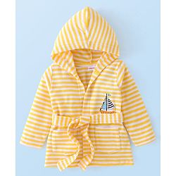 Babyhug Knit Terry Full Sleeves Hooded Stripe Bath Robe - Yellow