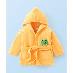 Babyhug Knit Terry Full Sleeves Hooded Bath Robe with Frog Patch - Yellow