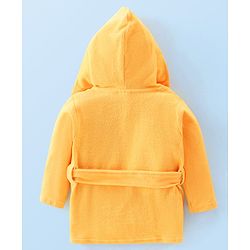 Babyhug Knit Terry Full Sleeves Hooded Bath Robe with Frog Patch - Yellow