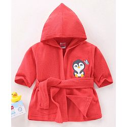 Babyhug Cotton Full Sleeves Penguin Embroidery Hooded Bath Robe - Coral Red