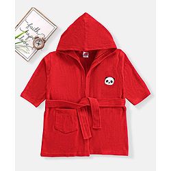 Babyhug Cotton Full Sleeves Panda Embroidery Hooded Bath Robe - Red