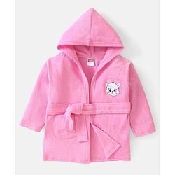 Babyhug Woven Terry Full Sleeves Hooded Bath Robe with  Kitty Embroidery - Pink