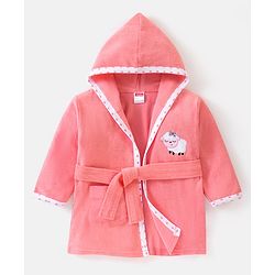Babyhug Full Sleeves Hooded Terry Bath Robe Sheep Embroidery - Pink