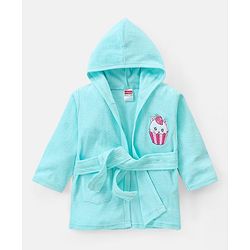 Babyhug Woven Terry Full Sleeves Hooded Bath Robe with  Kitty Embroidery - Blue