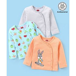 Babyhug 100% Cotton Antibacterial Full Sleeves Vests Bunny & Stripe Printed Pack of 3 - Peach & Blue