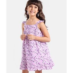 Babyhug 100% Viscose Sleeveless Floral Print Frock with Cotton Lining - Lilac