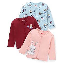 Babyhug 100% Cotton Antibacterial Full Sleeves Vests Teddy Print Pack of 3 - Red & Blue