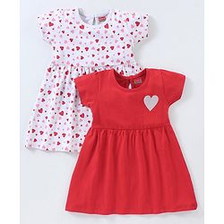Babyhug 100% Cotton Knitted Half Sleeves Heart Print Frocks Pack of 2 - Grey & Red