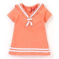 Babyhug 100% Cotton Knit Half Sleeves Frock with Collar Detailing Solid Color - Peach