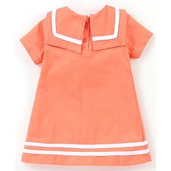 Babyhug 100% Cotton Knit Half Sleeves Frock with Collar Detailing Solid Color - Peach