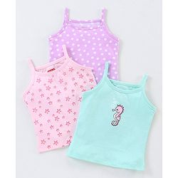 Babyhug 100% Cotton knit Sleeveless Sea Horse & Dot Printed Slips Pack of 3 - Blue Pink & Purple