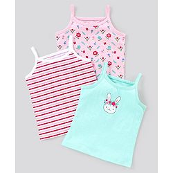 Babyhug 100% Cotton Sleeveless Striped Slips Floral Print Pack of 3 - Red Pink & Blue