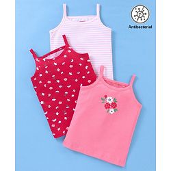 Babyhug 100% Cotton Sleeveless Striped Slips Floral Print Pack of 3 - Red & Pink