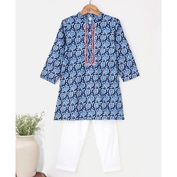 Babyhug 100% Cotton Full Sleeves Kurta With Payjama Set Embroidered - Indigo