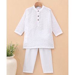Babyhug 100% Cotton Full Sleeves Schiffly Kurta & Pajama Set - White