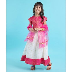 Babyhug 100% Cotton Woven Short Sleeves South Pavda Pattu & Lehenga Set Embroidery Detailing - Pink