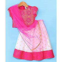 Babyhug 100% Cotton Woven Short Sleeves South Pavda Pattu & Lehenga Set Embroidery Detailing - Pink
