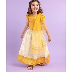 Babyhug 100% Cotton Woven Half Sleeves South Pavda Pattu & Lehenga Set Embroidered - Yellow