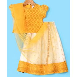 Babyhug 100% Cotton Woven Half Sleeves South Pavda Pattu & Lehenga Set Embroidered - Yellow