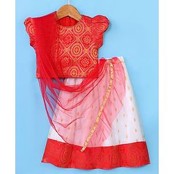 Babyhug 100% Cotton Woven Short Sleeves South Pavda Pattu & Lehenga Set Embroidery Detailing - Red