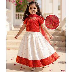 Babyhug 100% Cotton Woven Short Sleeves South Pavda Pattu & Lehenga Set Embroidery Detailing - Red