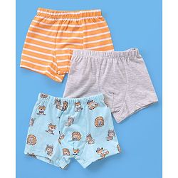 Babyhug 100% Cotton Knit Boxers Striped & Wild Animal Print Pack of 3 - Orange Grey & Blue