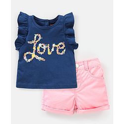 Babyhug 100% Cotton Frill Sleeves Top & Shorts Set Floral Text Print- Navy & Pink
