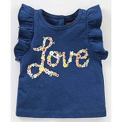 Babyhug 100% Cotton Frill Sleeves Top & Shorts Set Floral Text Print- Navy & Pink